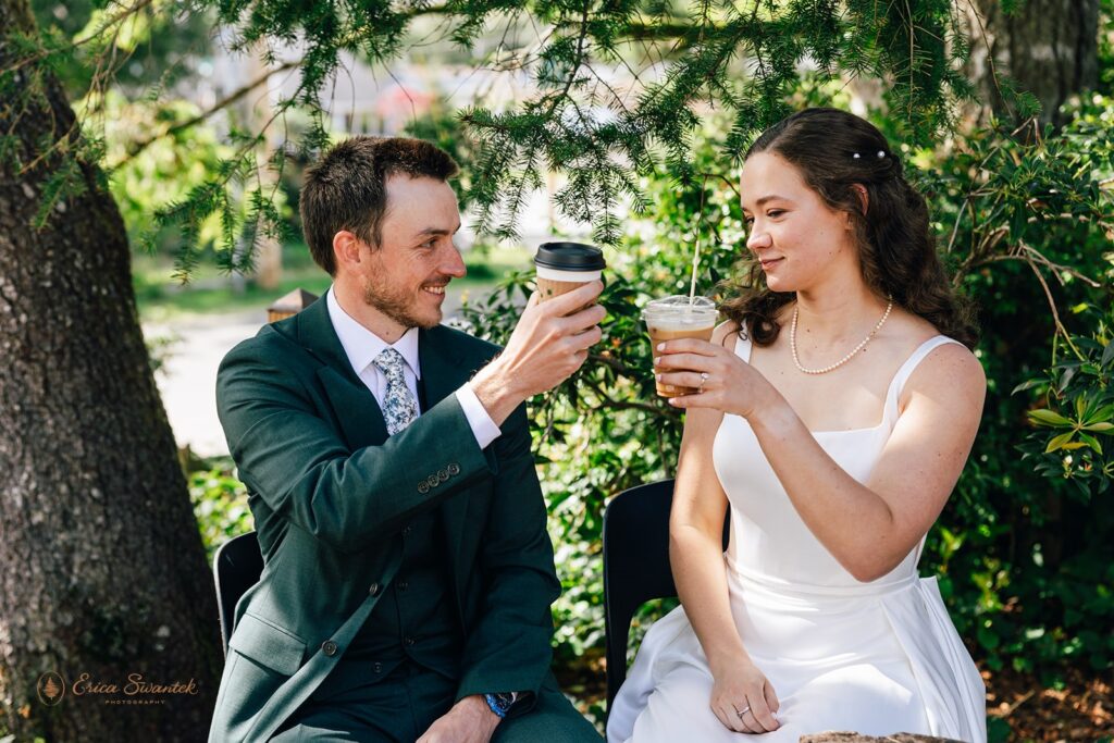 bride and groom enjoying a coffee date during their elopement day