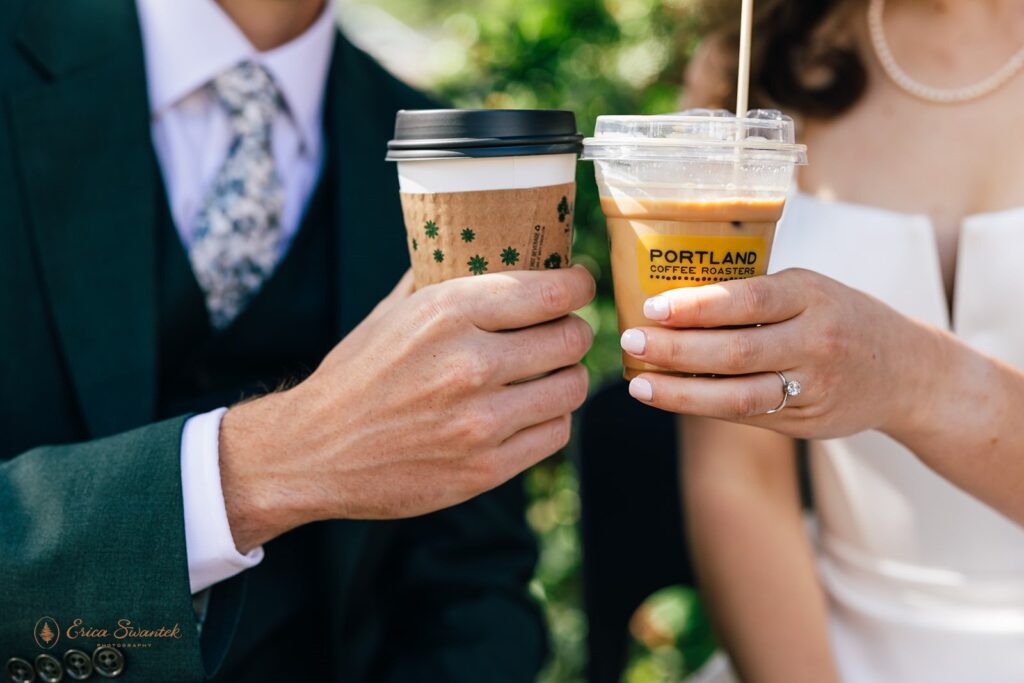bride and groom enjoying a coffee date during their elopement day
