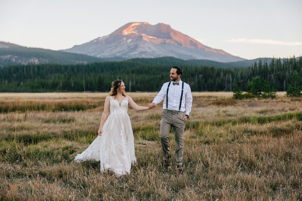 Gorgeous alpenglow for an elopement at Sparks Lake near Bend, Oregon.