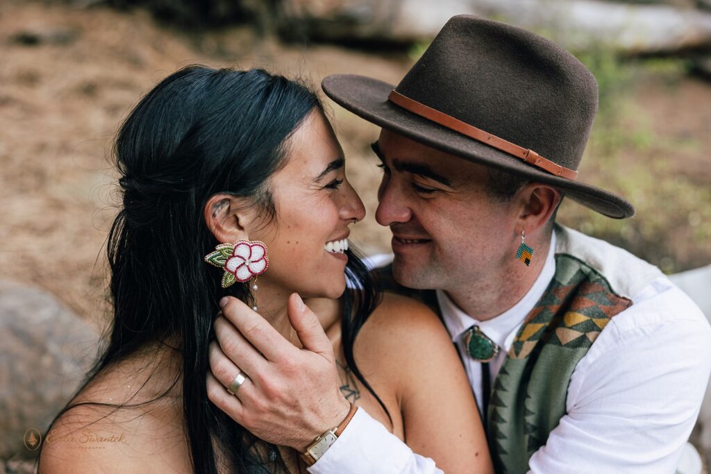 intimate moment of bride and groom gazing into each other's eyes