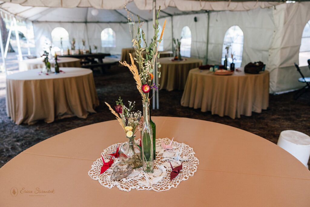 Metolius River wedding reception set up 