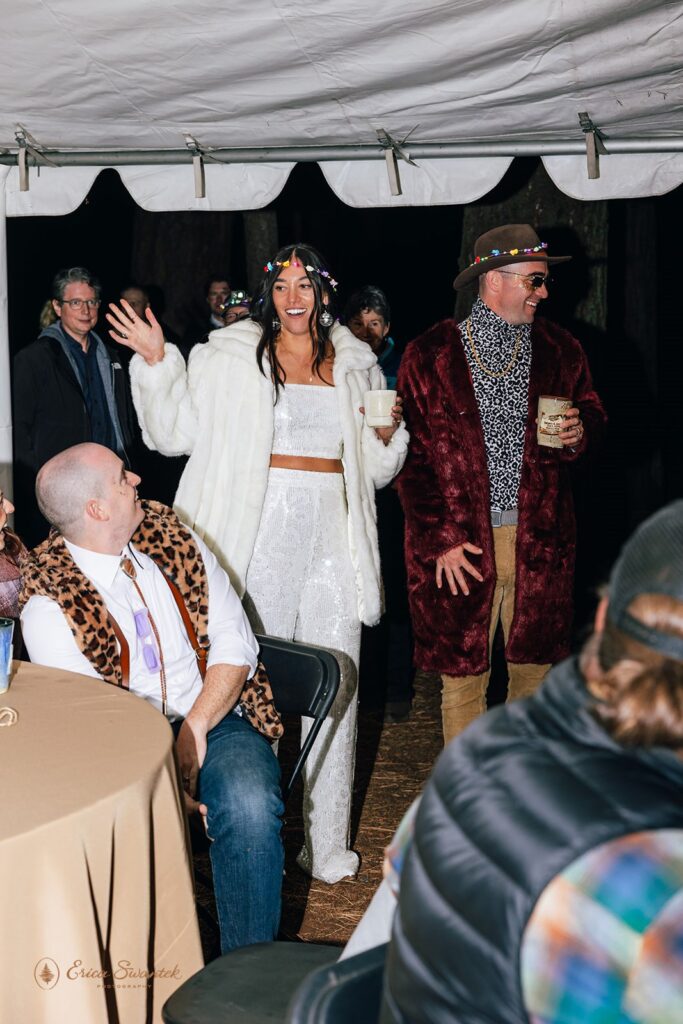 bride and groom in a fun festival attire for their wedding party