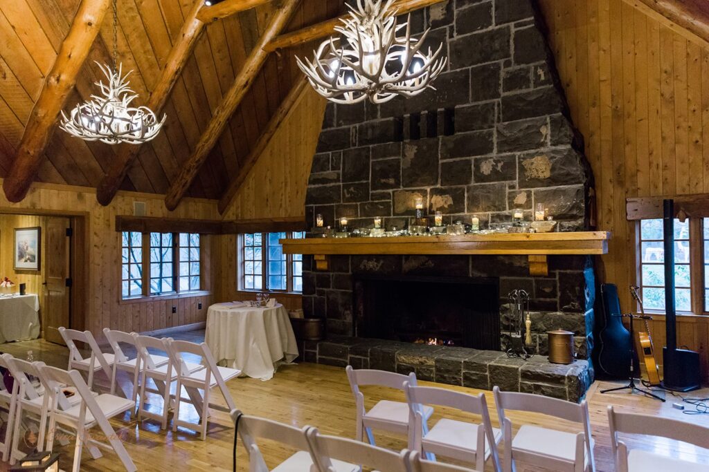 intimate indoor wedding ceremony set  up at the fireside room in sunriver resort