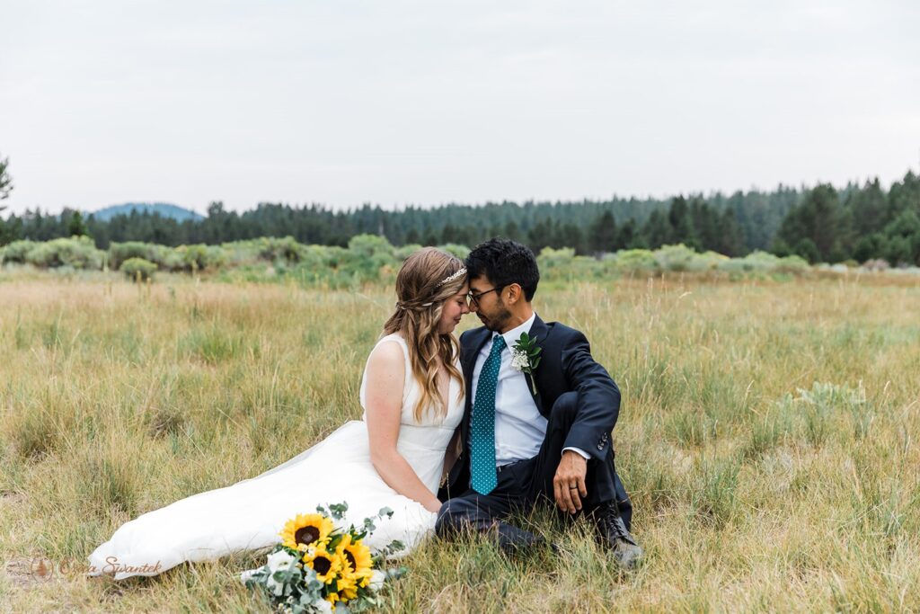 bride and groom sitting in a lush field with forest views in the background
