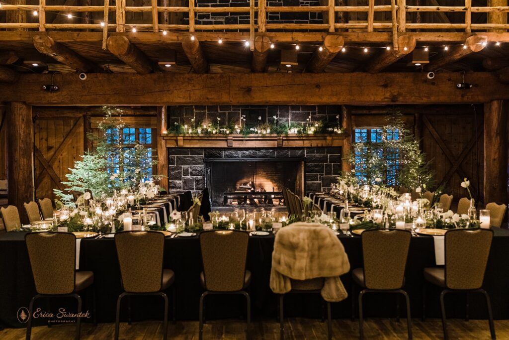 elegant winter wedding reception at the Great Hall in Sunriver Resort