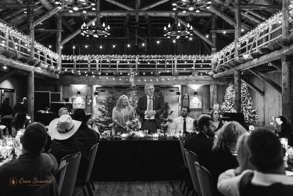 elegant winter wedding reception at the Great Hall in Sunriver Resort