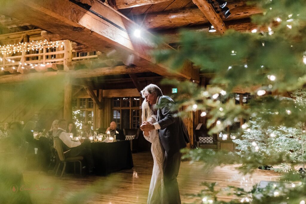 bride and groom sharing a first dance at the great hall in sunriver resort
