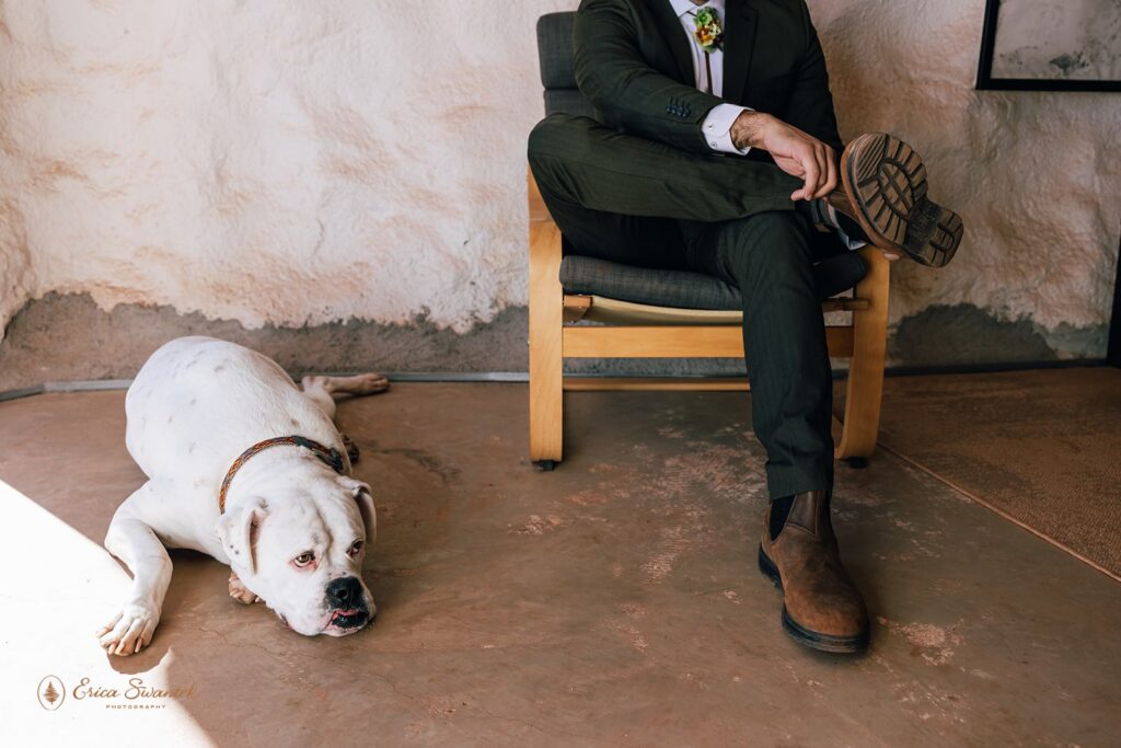 groom getting ready with his dog by his side in a desert airbnb