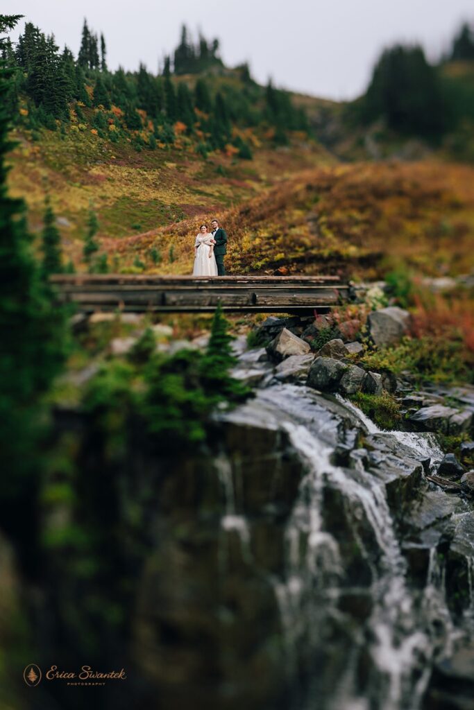 sweet bride and groom during their mt rainier waterfall elopement