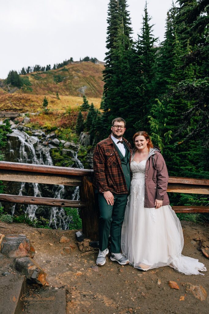 sweet bride and groom during their mt rainier waterfall elopement