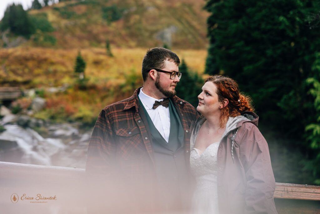sweet bride and groom during their mt rainier waterfall elopement