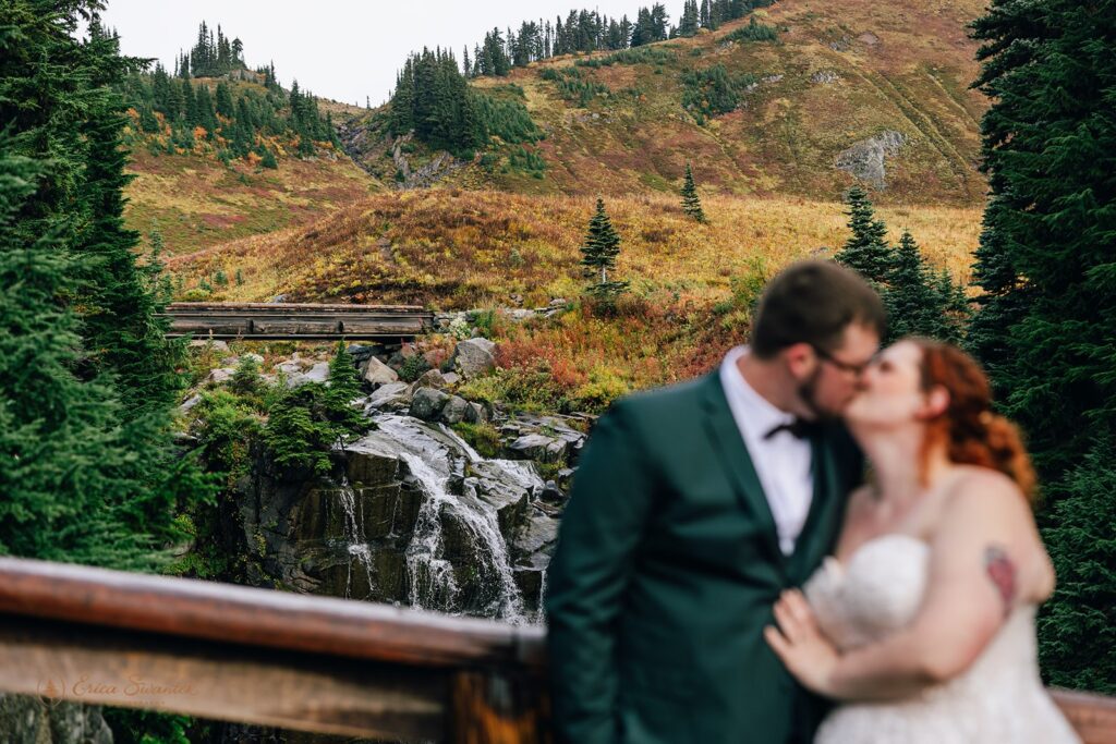 sweet bride and groom during their mt rainier waterfall elopement