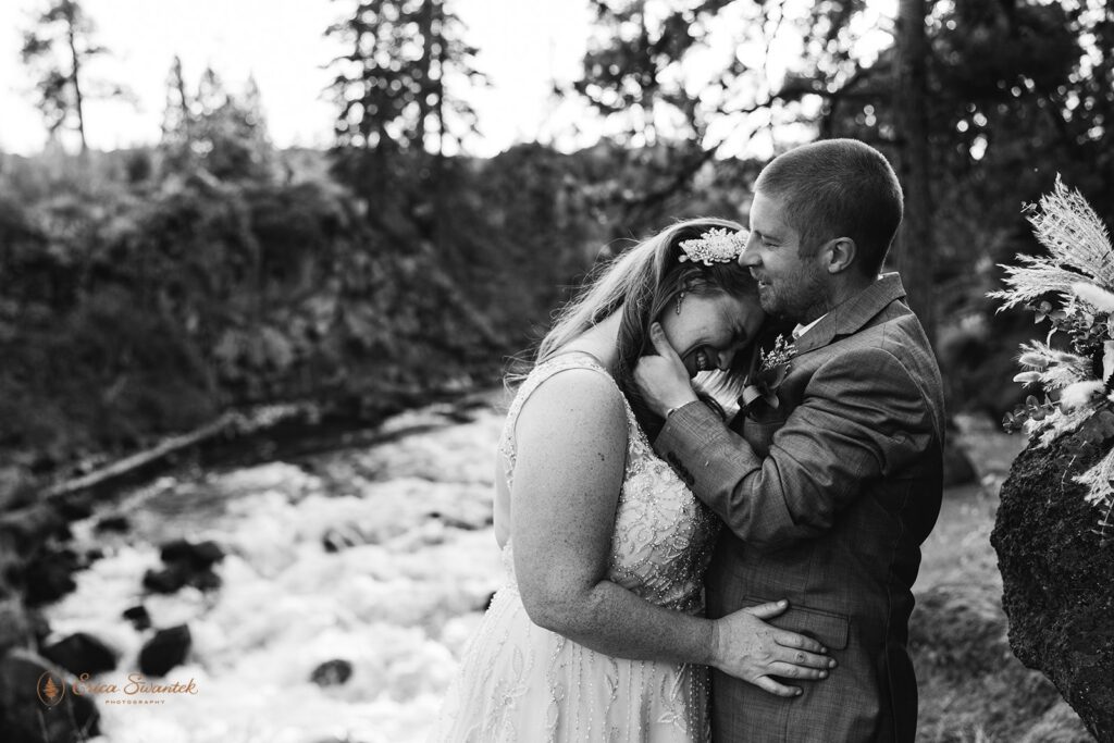 bride and groom during their waterfall elopement at dillon falls