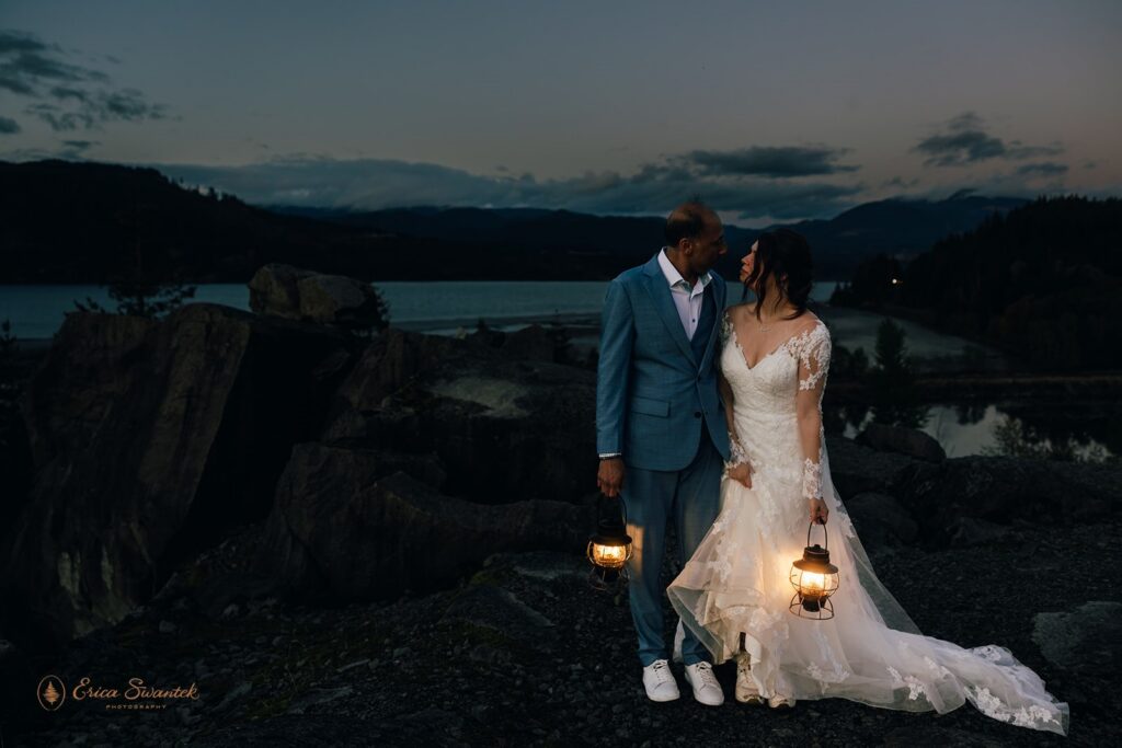 moody bride and groom moments with lanterns in pnw