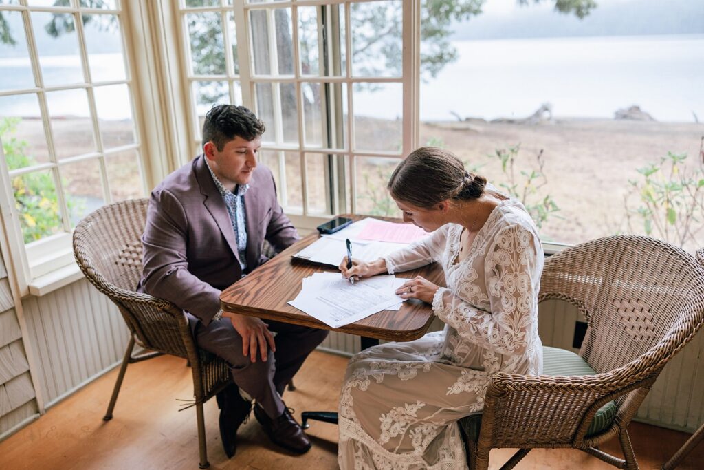 bride and groom signing marriage licenses
