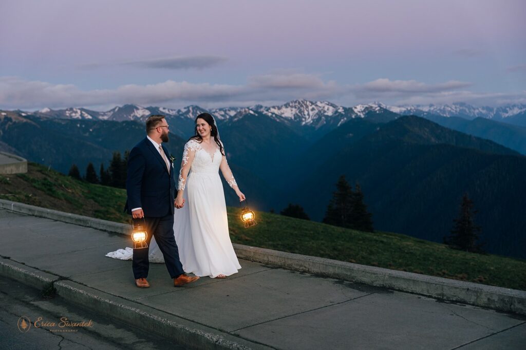 elopement couple with lanterns during their nature wedding day in the olympic national park