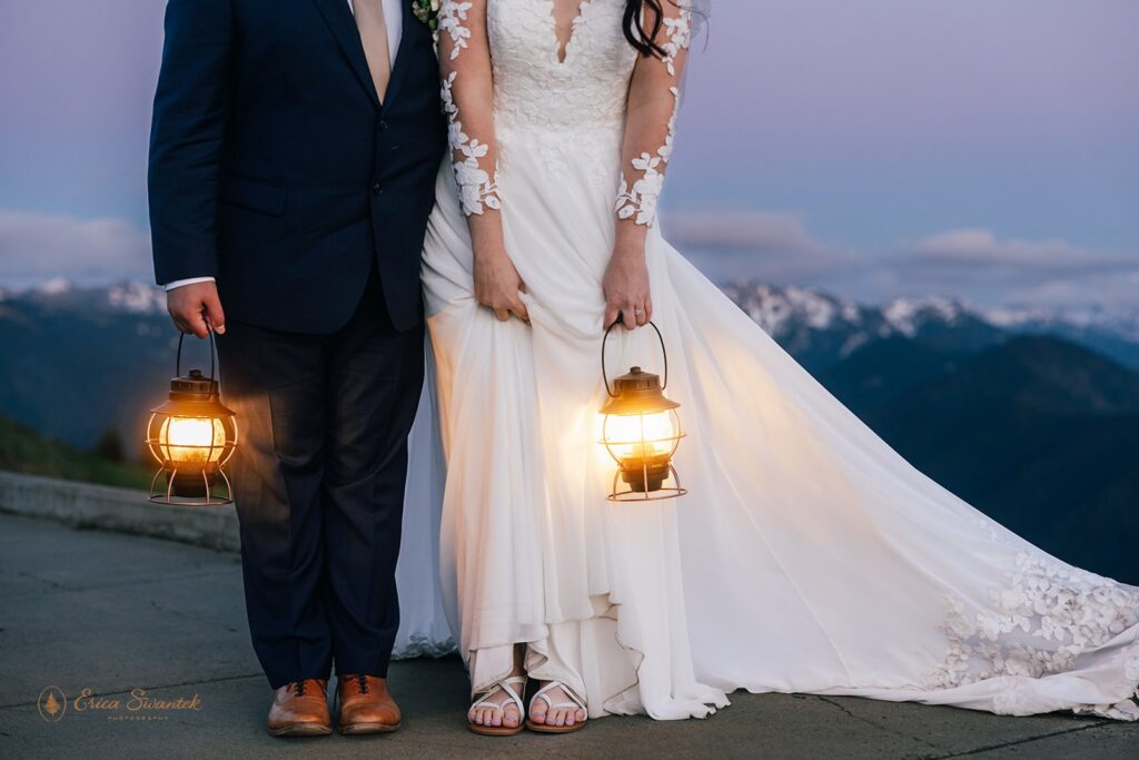elopement couple with lanterns during their nature wedding day in the olympic national park
