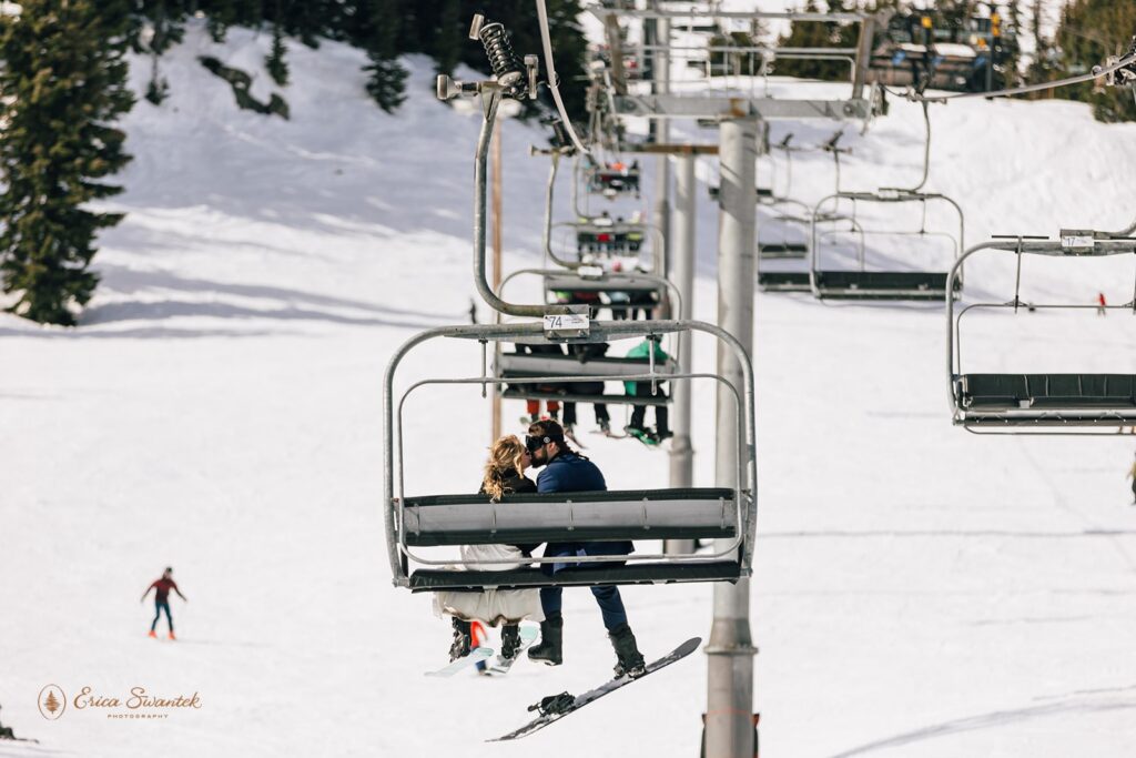 elopement couple kissing on a ski lift