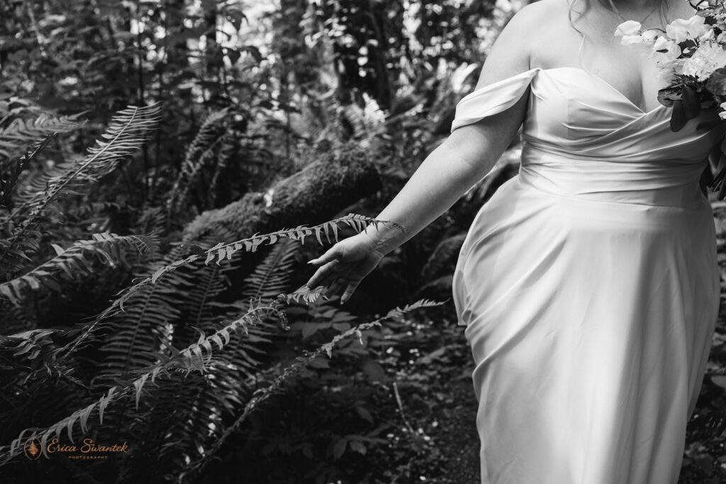 close up of bride touching lush ferns