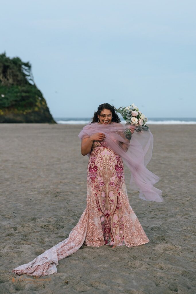 joyful bride in a colorful, traditional wedding dress