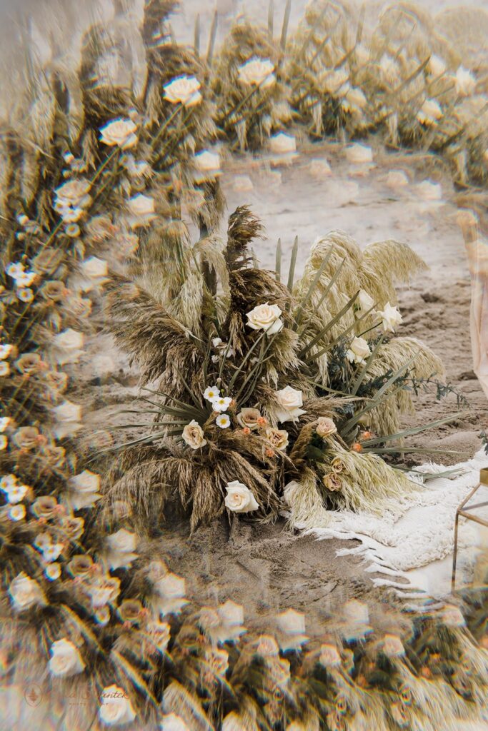 boho elopement florals set up on the oregon coast for an elopement ceremony