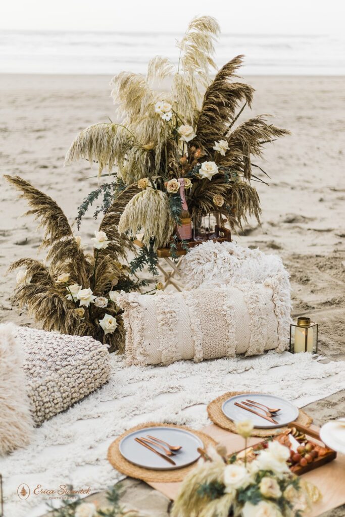 boho elopement florals set up on the oregon coast for an elopement ceremony