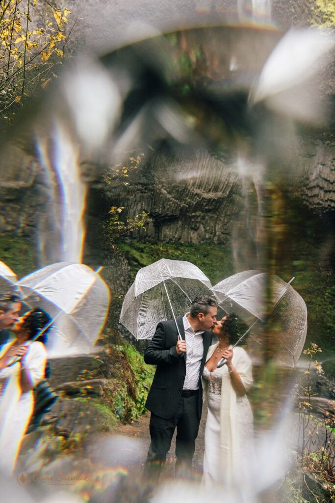elopement couple in front of a waterfall in columbia river gorge